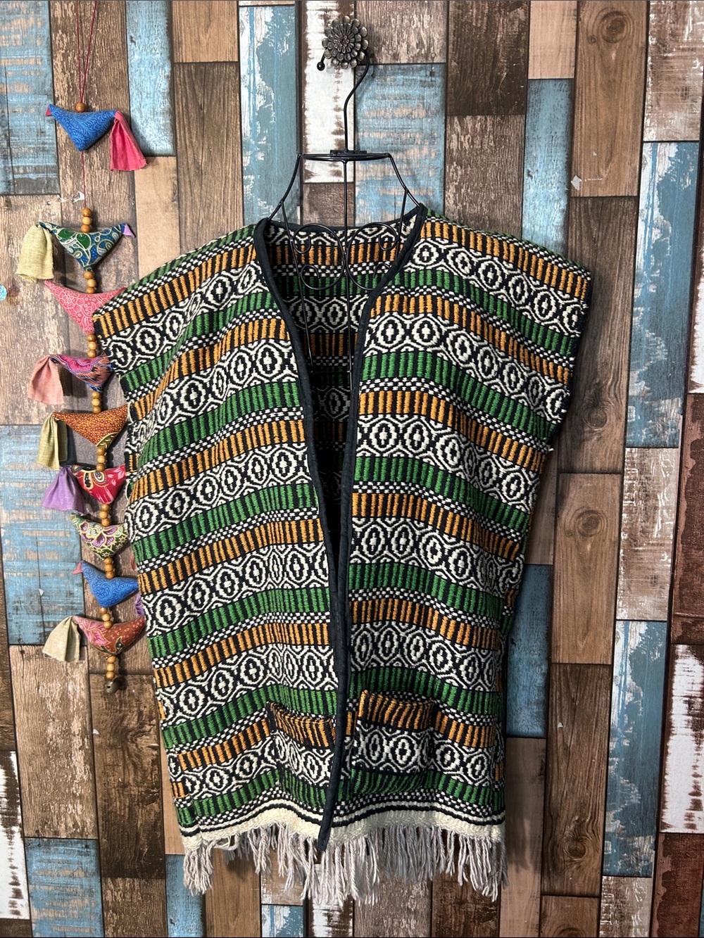 Fringed Open-Front Tunic Vest in Green, Black & Gold